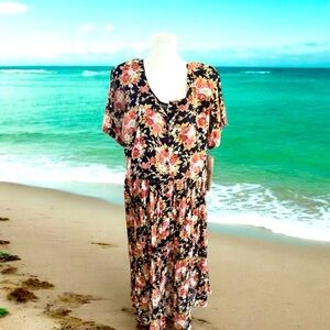 Vintage S. ROBERTS Floral Maxi Dress Size 22/24,Broomstick Pleating, Button Down